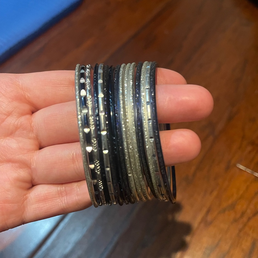 Silver and blue bangles